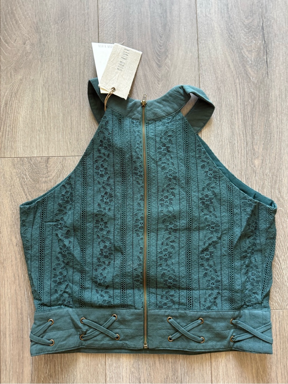 NWT Moon River x Anthropologie Teal Lace-Up Halter Crop Top with Lace Panels - Picture 2 of 5